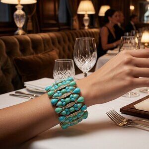 Neiman Marcus turquoise beaded with  rhinestones gold stretch bracelet 2"